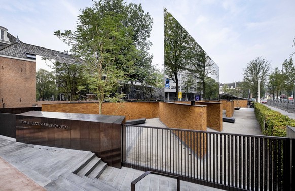 epa09473204 A view of the National Holocaust Memorial of Names by architect Daniel Libeskind in Amsterdam, The Netherlands, 17 September 2021. An emergency ordinance will be in effect during the offic ...