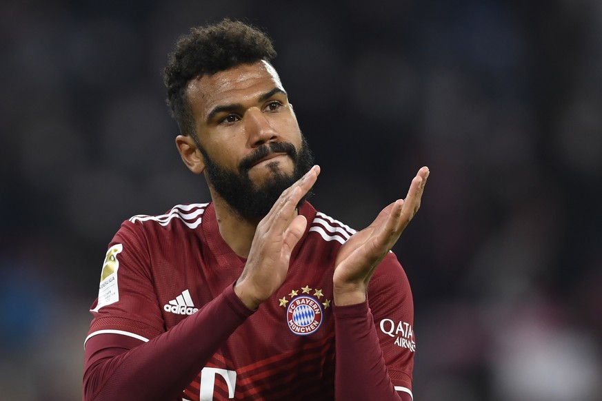 Bayern&#039;s Eric Maxim Choupo-Moting celebrates after the German Bundesliga soccer match between FC Bayern Munich and 1 FC Union Berlin at the Allianz Arena in Munich, Germany, Saturday, March 19, 2 ...