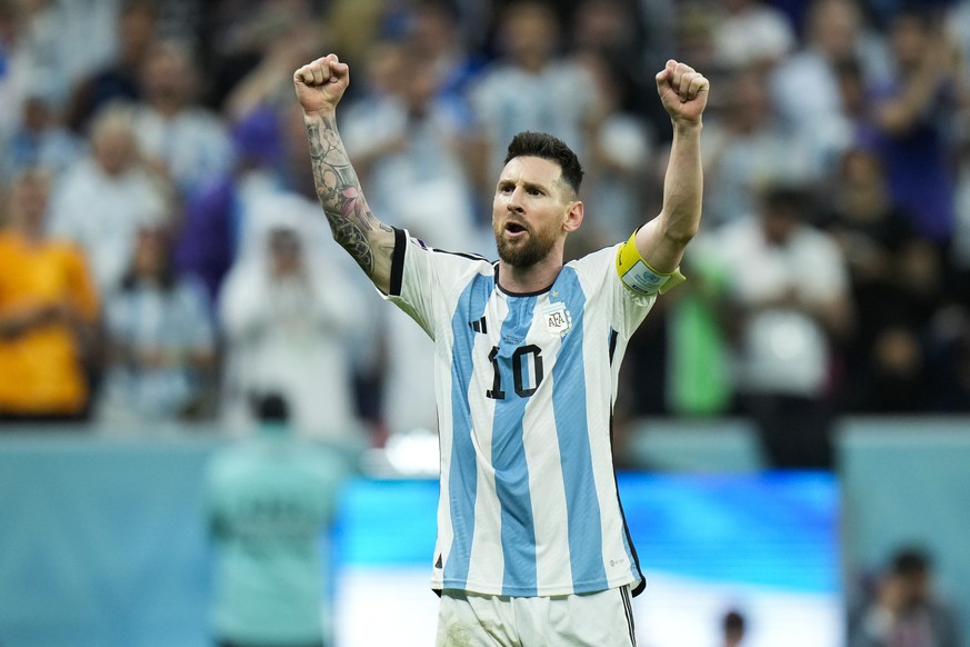 Argentina&#039;s Lionel Messi celebrates after scoring Argentina&#039;s second goal during the World Cup quarterfinal soccer match between the Netherlands and Argentina, at the Lusail Stadium in Lusai ...