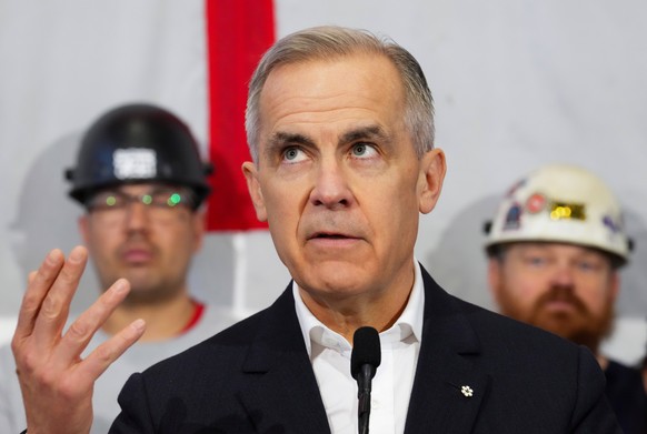 Canada Liberal leader Mark Carney makes an announcement at International Associates of Bridge Structural &amp; Ornamental Iron Workers Local Union 725 in Calgary, Alberta, Canada, Wednesday, April 9,  ...