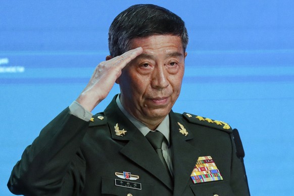 epa12938636 (FILE) - Chinese Defence Minister Li Shangfu delivers his speech at a session of the 11th Moscow Conference on International Security (MCIS) during the International Military-Technical For ...