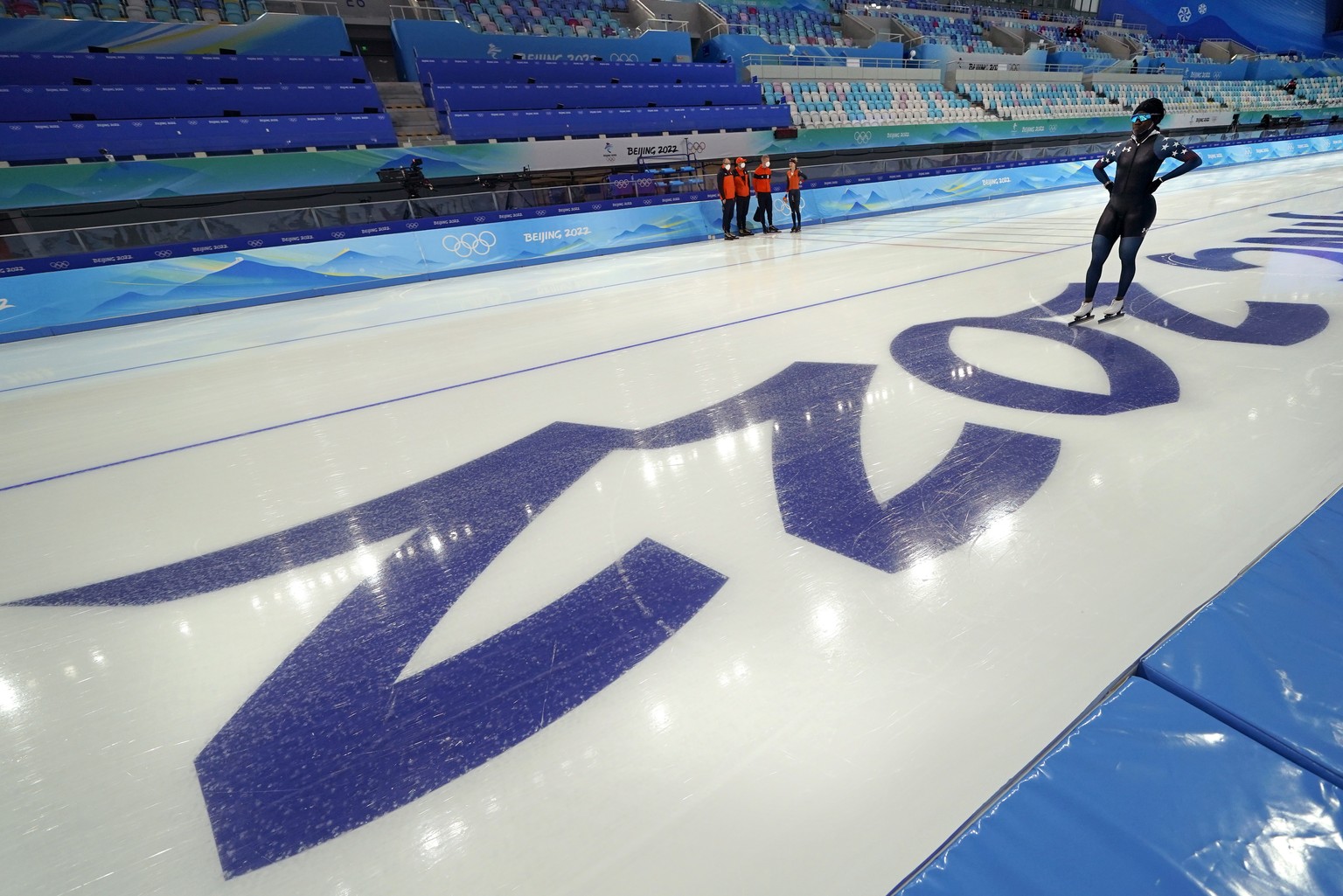 Erin Jackson of the United States participates in a speedskating practice session at the 2022 Winter Olympics, Wednesday, Feb. 2, 2022, in Beijing. (AP Photo/Gerald Herbert)