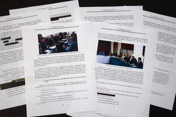 Special counsel Robert Mueller's redacted report on the investigation into Russian interference in the 2016 presidential election is photographed Thursday, April 18, 2019, in Washington. The photos in ...