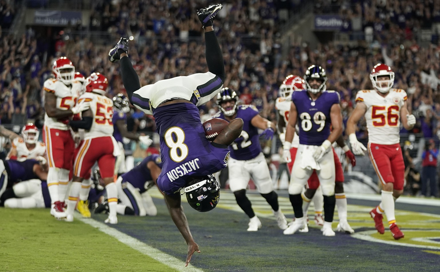 Baltimore Ravens quarterback Lamar Jackson scores a touchdown in the second half of an NFL football game against the Kansas City Chiefs, Sunday, Sept. 19, 2021, in Baltimore. (AP Photo/Julio Cortez)
L ...