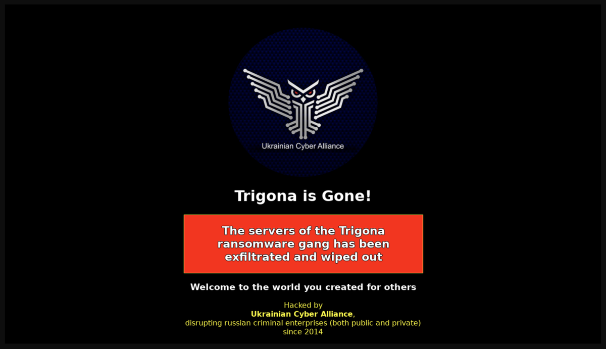 Screenshot der Darknet-Seite der Ransomware-Bande Trigona, die offenbar von pro-ukrainischen Hacktivisten lahmgelegt wurde (18. Oktober 2023).