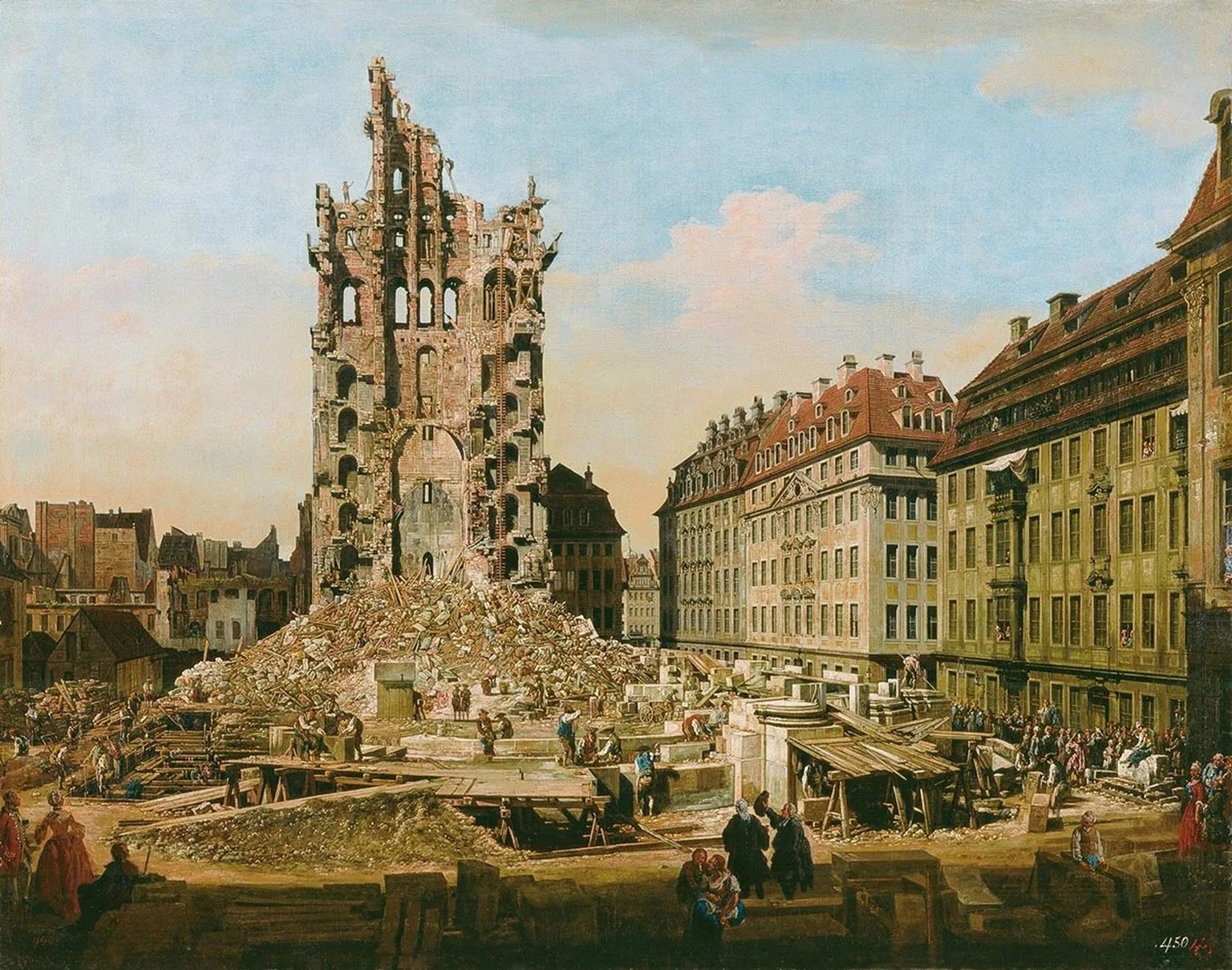 Bellotto stellte die Zerstörung in Dresden in einem Gemälde von 1765 dar.
https://commons.wikimedia.org/wiki/File:Bernardo_Bellotto,_il_Canaletto_-_Le_rovine_del_vecchio_Kreuzkirche,_Dresda.jpg