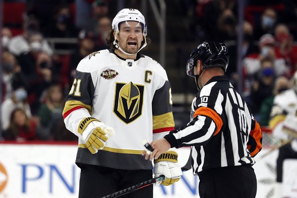 Vegas Golden Knights&#039; Mark Stone (61) protests a call with an official during the third period of an NHL hockey game against the Carolina Hurricanes in Raleigh, N.C., Tuesday, Jan. 25, 2022. (AP  ...