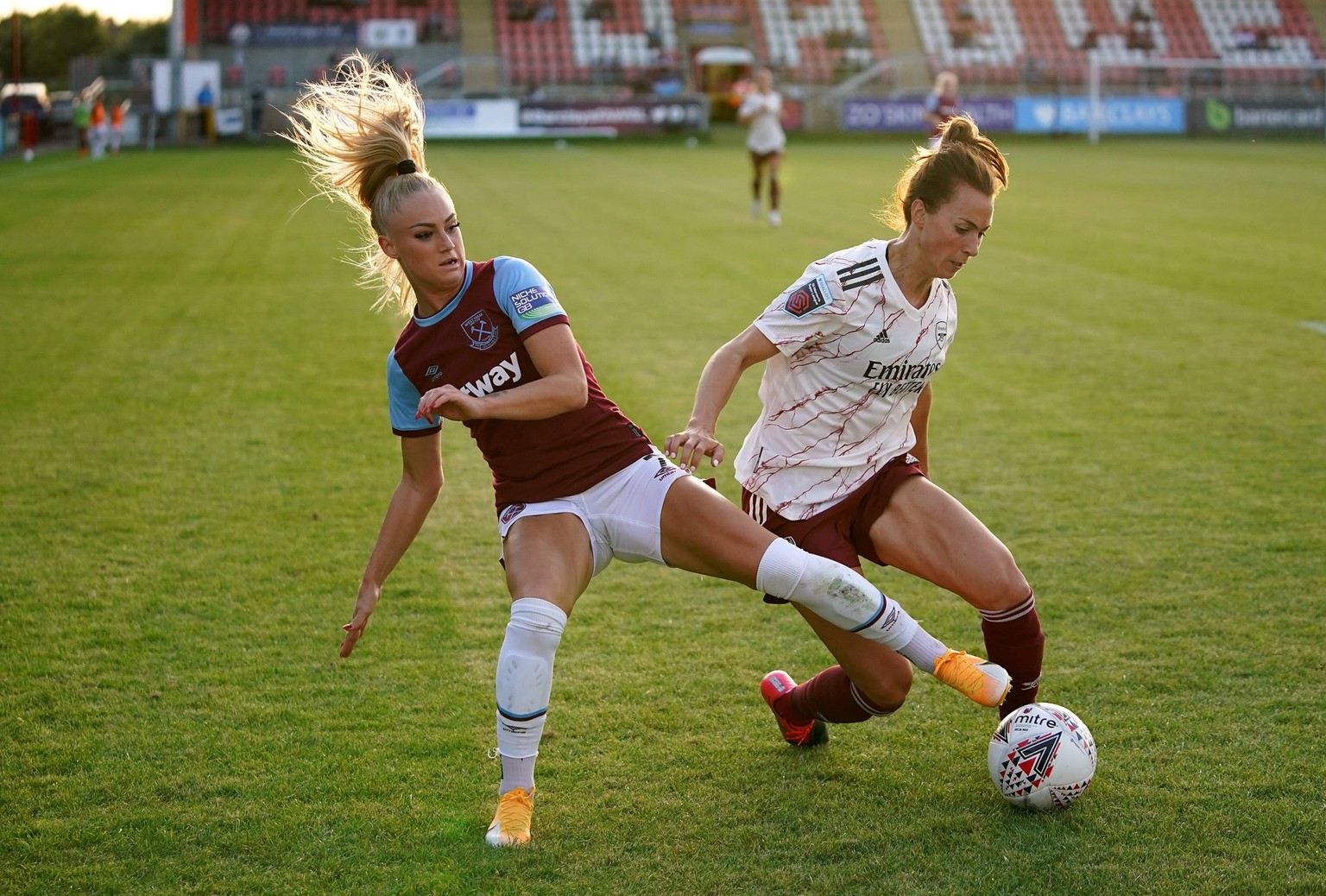 West Ham United v Arsenal - Barclays FA Women s Super League - Chigwell Construction Stadium West Ham United s Alisha Lehmann left and Arsenal s Viktoria Schnaderbeck battle for the ball during the Ba ...
