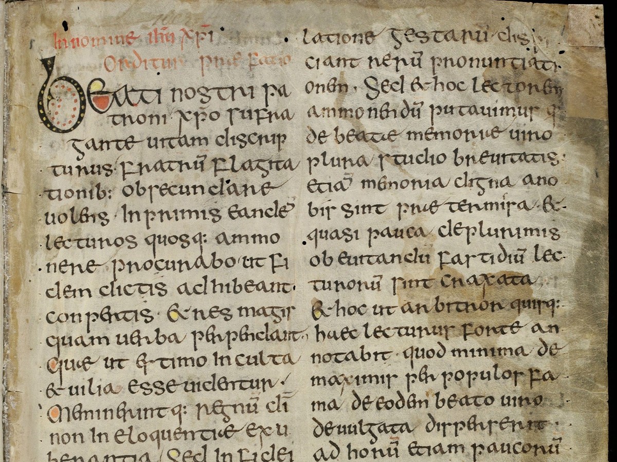 Extrait de la première page de la Vita sancti Columbae, rédigée autour de l’an 700.
https://www.e-codices.unifr.ch/de/sbs/0001/1