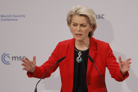 epa09770983 European Commission President Ursula von der Leyen delivers a statement during at the 58th Munich Security Conference (MSC) in Munich, Germany, 19 February 2022. More than 500 high-level i ...