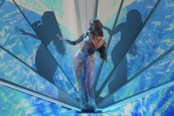 Andromache from Cyprus singing &#039;Ela&#039; performs during rehearsals at the Eurovision Song Contest in Turin, Italy, Wednesday, May 11, 2022. (AP Photo/Luca Bruno)