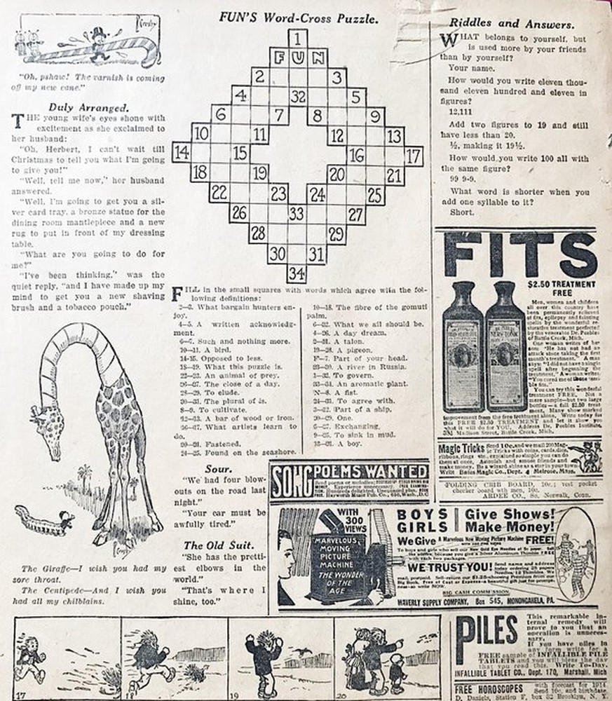 das erste kreuzworträtsel der welt 1913 arthur wynne new york liverpool https://en.wikipedia.org/wiki/Crossword#/media/File:First_crossword.png