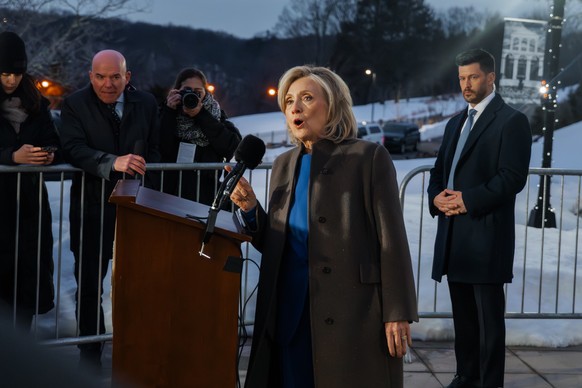 epa12780383 Former First Lady and Secretary of State Hillary Clinton speaks after giving deposition before the House Oversight Committee in Chappaqua, New York, USA, 26 February 2026. The House Oversi ...