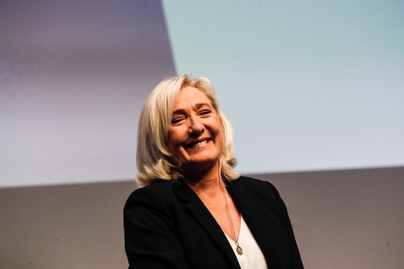 epa10287613 Marine Le Pen, ex-president of France&#039;s far right Rassemblement National (RN) party, addresses the 18th RN party Congress in Paris, France, 05 November 2022. The congress chose Eurode ...