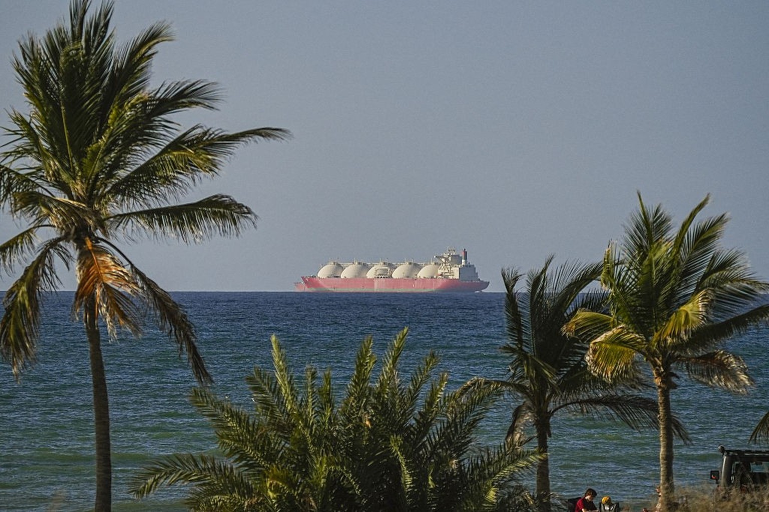 OMAN - APRIL 08: A view of the vessels heading towards the Strait of Hormuz following the two-week temporary ceasefire reached between the United States and Iran on the condition that the strait be re ...