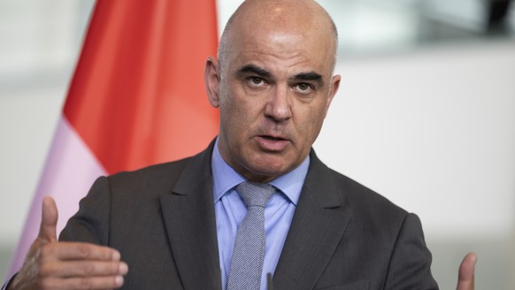 Swiss Federal President Alain Berset speaks during a media conference after a work meeting with German Chancellor Olaf Scholz (not pictured), at the Chancellery, in Berlin, Germany, on Tuesday, April  ...