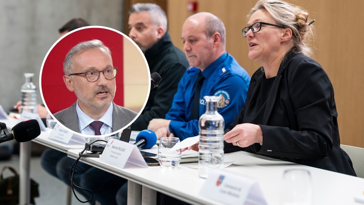 La procureure générale du canton du Valais, Béatrice Pilloud, lors d'une conférence de presse donnée le jour même du drame de Crans-Montana. Lens, 1er janvier 2026. Médaillon: Alain Macaluso.