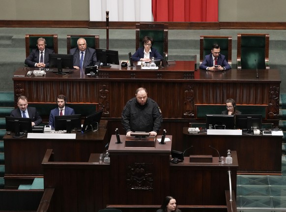 The Speaker of the Ukrainian Parliament, Ruslan Stefanchuk, speaks to Polish lawmakers at the Polish Parliament in Warsaw, Poland, on Thursday, May 25, 2023, to thank Poland for military and human...