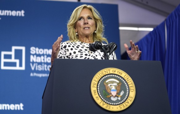 First lady Jill Biden speaks at the grand opening ceremony for the Stonewall National Monument Visitor Center, Friday, June 28, 2024, in New York. (AP Photo/Evan Vucci)
Joe Biden