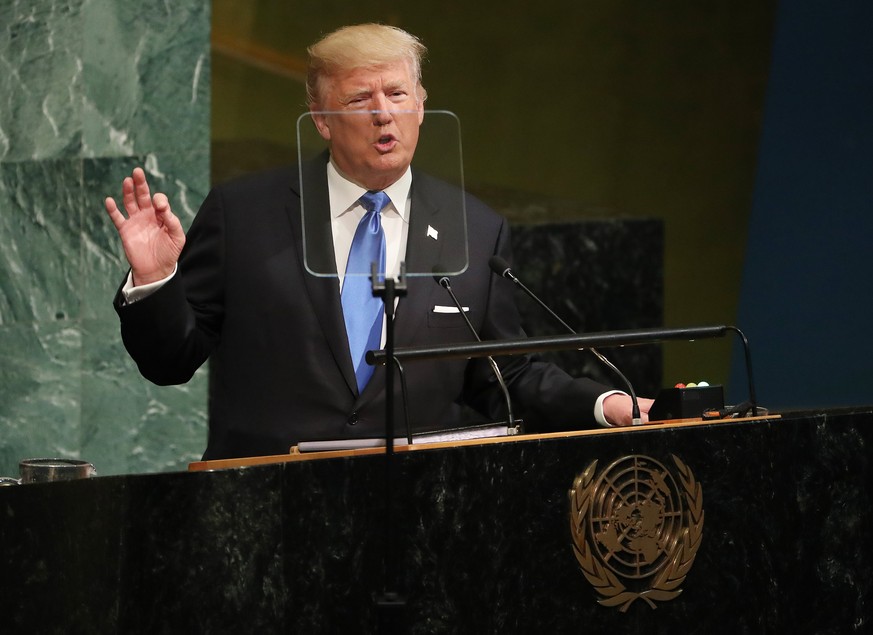 epa06213746 US President Donald J. Trump speaks during the opening session of the General Debate of the 72nd United Nations General Assembly at the UN headquarters in New York, New York, USA, 19 Septe ...