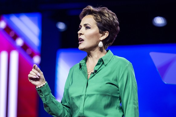 epa10503541 Former Arizona gubernatorial candidate Kari Lake speaks at the Conservative Political Action Conference (CPAC), heralded as the world's largest conservative gathering, at the Gaylord Na...