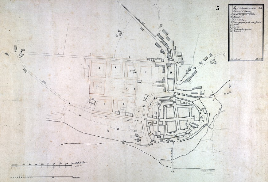 Johann Daniel Osterrieths gezeichneter Entwurf zur Erweiterung Aaraus.