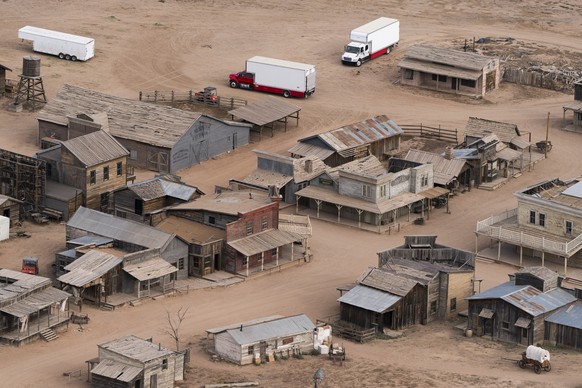 This aerial photo shows the Bonanza Creek Ranch in Santa Fe, N.M., Saturday, Oct. 23, 2021. Actor Alec Baldwin fired a prop gun on the set of a Western being filmed at the ranch on Thursday, Oct. 21,  ...