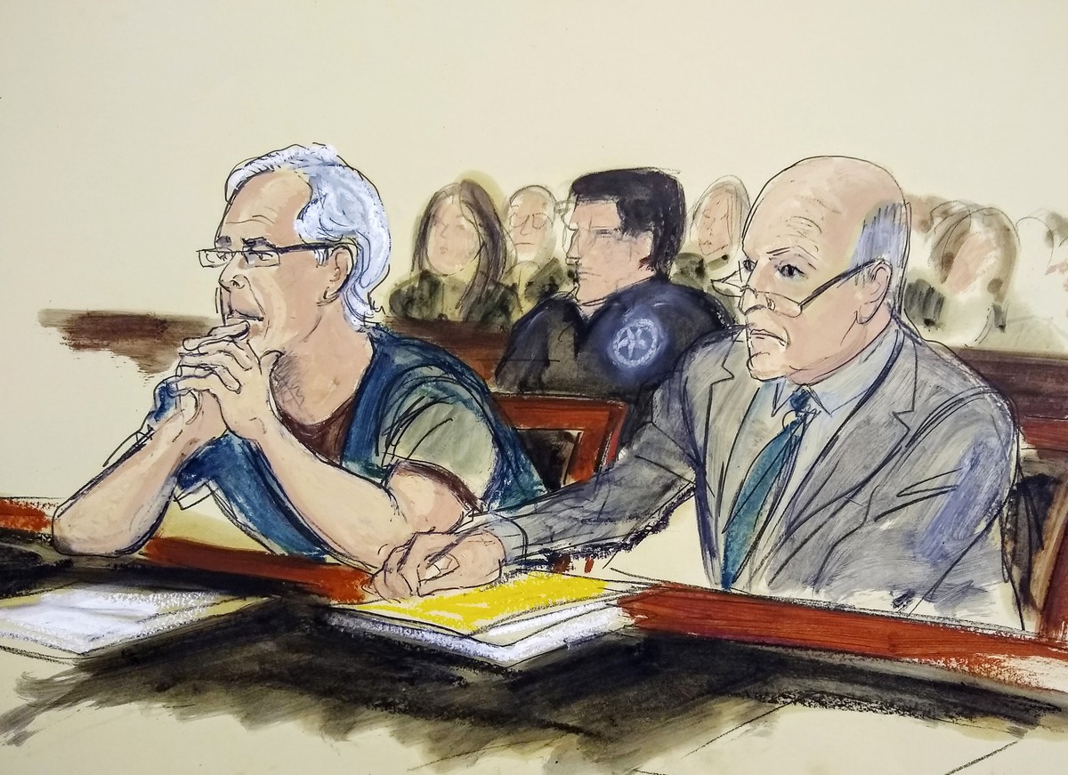In this courtroom artist's sketch, defendant Jeffrey Epstein, left, and his attorney Martin Weinberg listen during a bail hearing in federal court, Monday, July 15, 2019 in New York. Epstein' ...