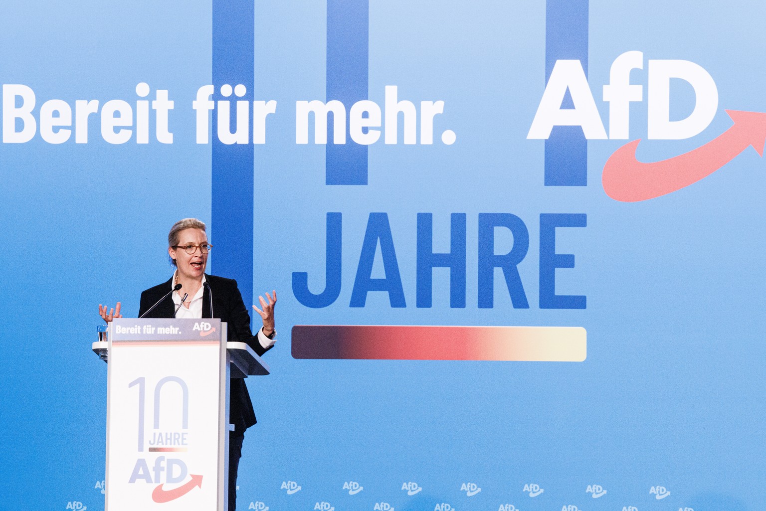 epa10773897 Alternative for Germany co-chairwoman Alice Weidel speaks during the AfD party convention in Magdeburg, Germany, 28 July 2023. The Alternative for Germany (AfD) holds their 14th federal pa ...