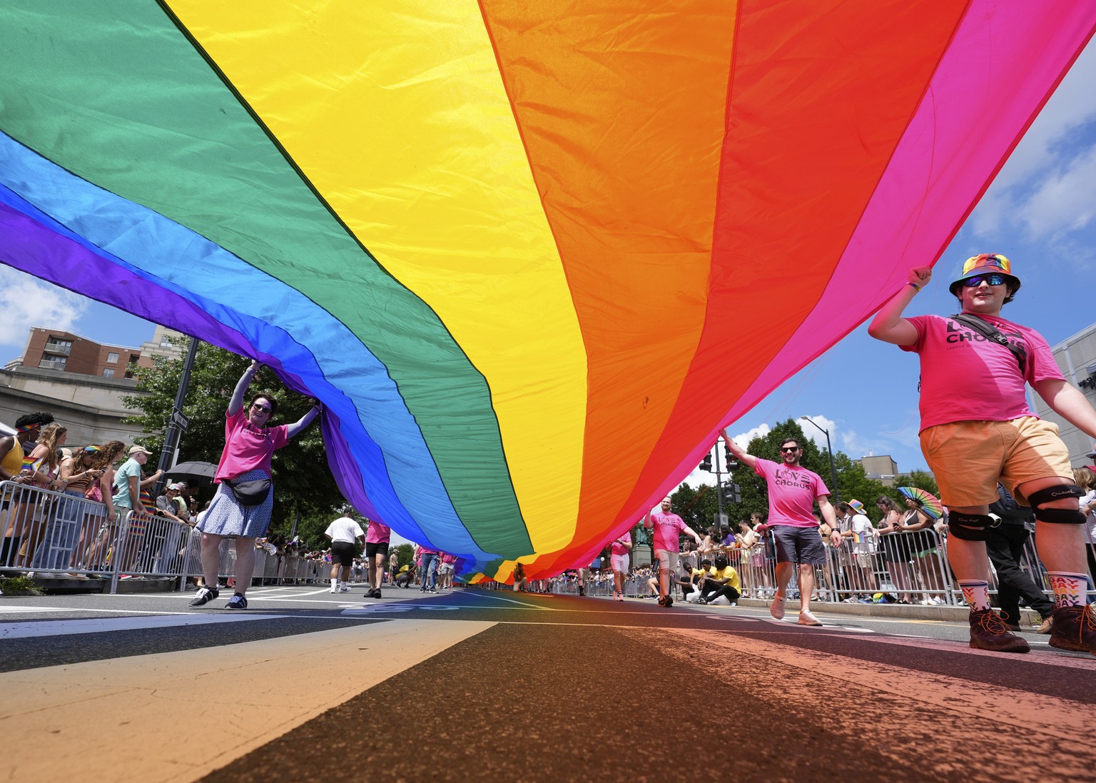 People carry a large pride flag as they march during the World Pride parade, Saturday, June 7, 2025, in Washington. (AP Photo/Alex Brandon)
Washington World Pride