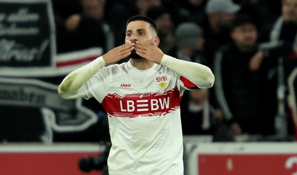 epa12484609 Deniz Undav of Stuttgart celebrates after scoring the 2-1 goal during the German Bundesliga soccer match between VfB Stuttgart and 1.FSV Mainz 05 in Stuttgart, Germany, 26 October 2025. EP ...