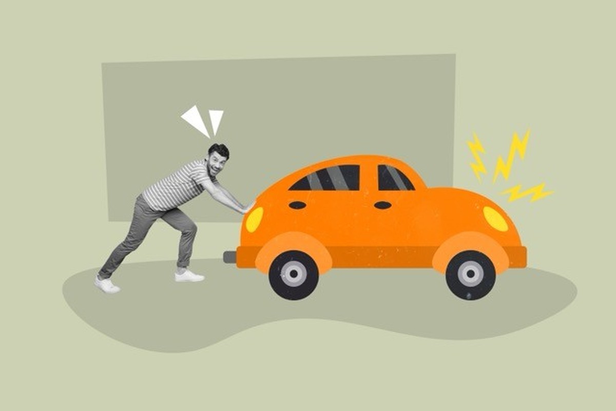 Creative photo 3d collage artwork poster postcard of young guy push car to charge station isolated on painting background