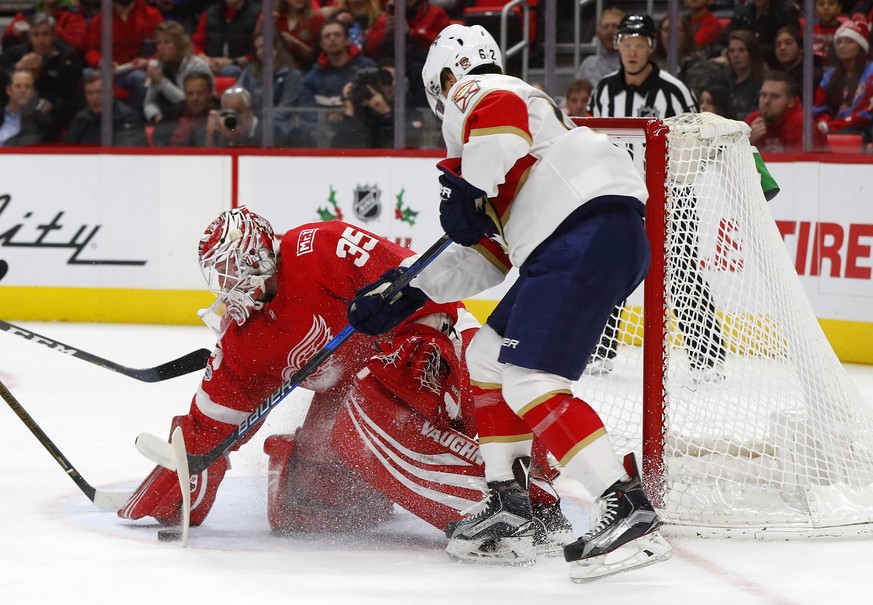 Detroit Red Wings goalie Jimmy Howard (35) stops a Florida Panthers center Denis Malgin (62) shot in the first period of an NHL hockey game Monday, Dec. 11, 2017, in Detroit. (AP Photo/Paul Sancya)