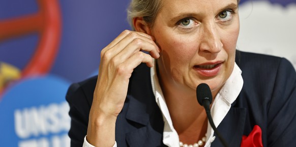 epa10169744 Alternative for Germany (AfD) right-wing political party deputy chairwoman Alice Weidel attends a news conference to present the new party campaign &#039;Unser Land zuerst!&#039; (Our Coun ...