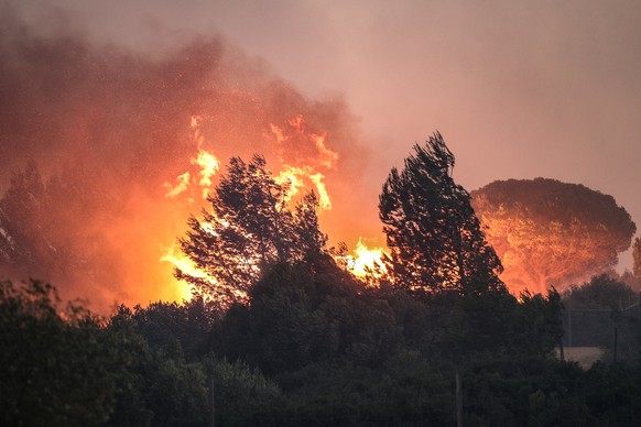 epa10768507 A fire burns a forested area in Alto do Alvide, Cascais, Portugal, 25 July 2023. 423 operatives, supported by 111 vehicles and 14 aerial means, are fighting a fire that broke out in Alcabi ...