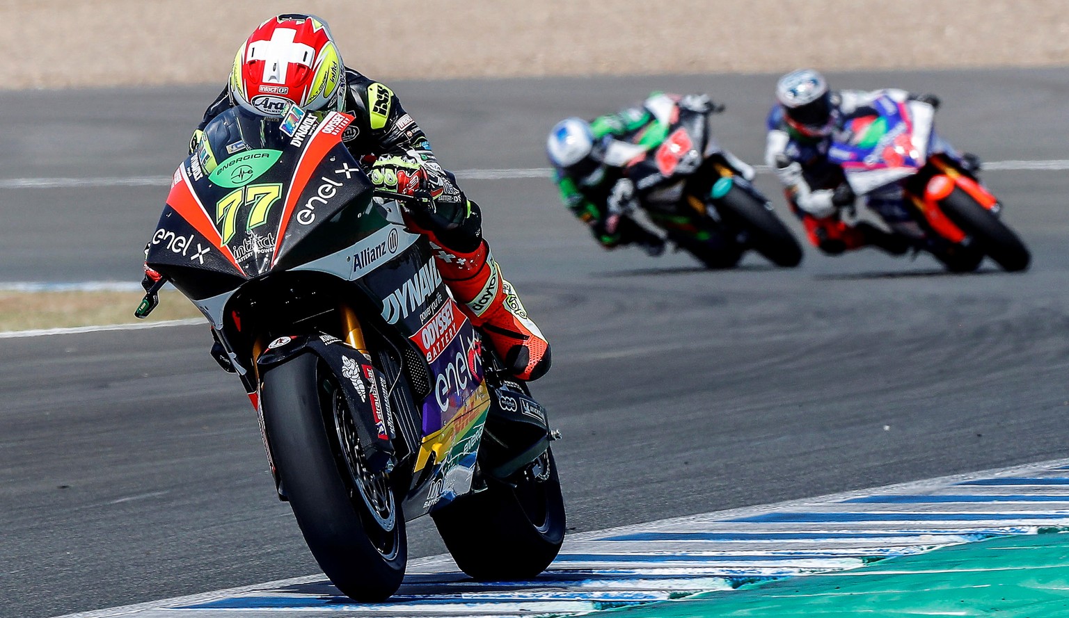 epa08552492 Swiss MotoE rider Dominique Aegerter of the Dynavolt Intact GP team in action during the free training session at Jerez circuit in Jerez de la Frontera, Spain, 17 July 2020. The Motorcycli ...