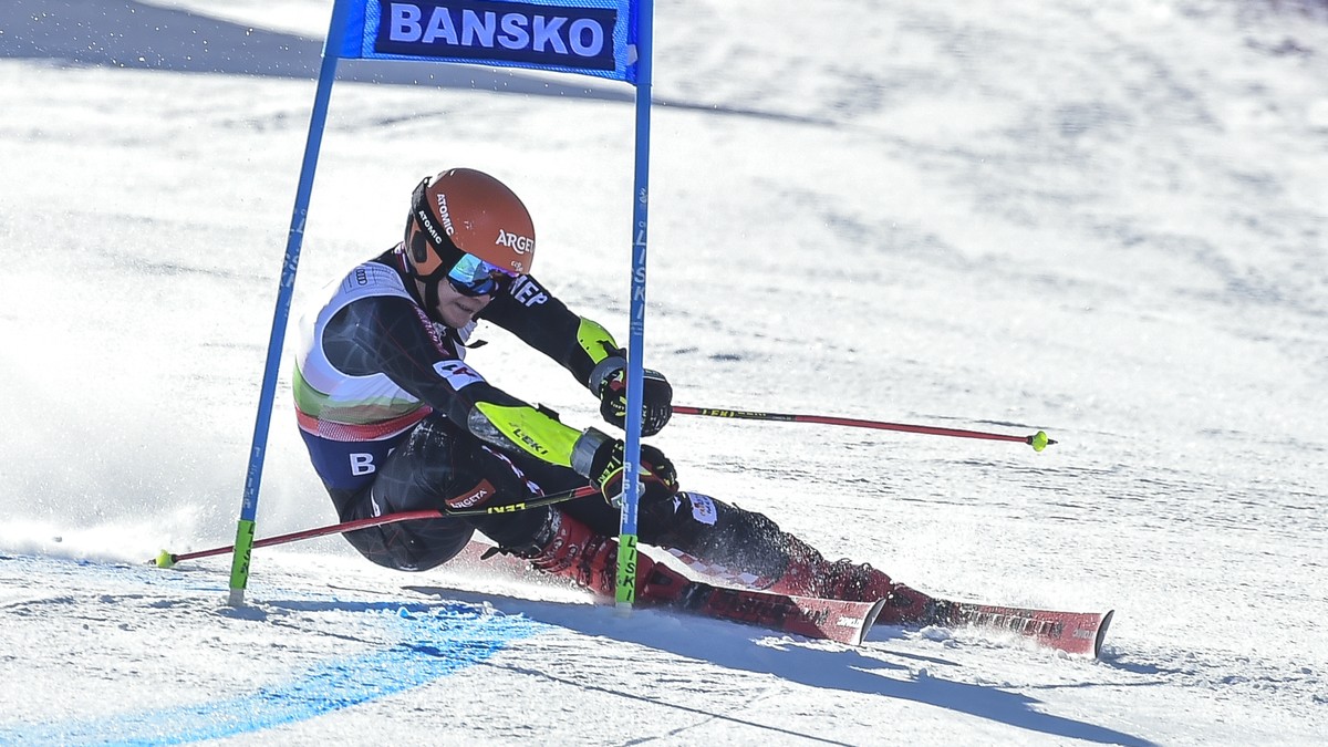 Croatia's Filip Zubcic speeds down the slope during an alpine ski, men's World Cup giant slalom, in Bansko, Saturday, Feb. 27, 2021. (AP Photo/Marco Tacca)