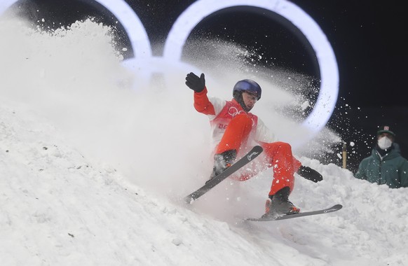 epa09743595 Noe Roth of Switzerland in action during the Mixed Team Freestyle Skiing Aerials at the Zhangjiakou Genting Snow Park at the Beijing 2022 Olympic Games, Beijing municipality, China, 10 Feb ...