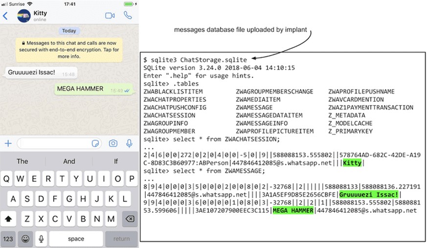 Die Spionagesoftware bzw. der Trojaner übermittelt Nachrichten von WhatsApp, iMessage, Telegram etc. im Klartext an die Hacker.