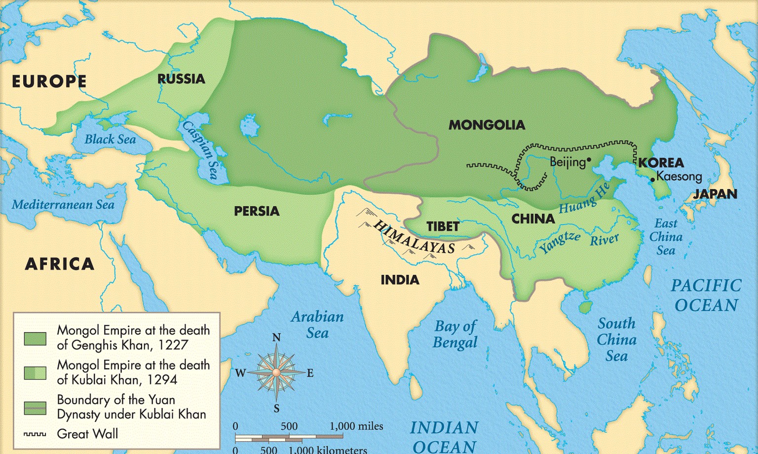 Zeitweise reichte das Mongolische Imperium im Westen bis nach Rumänien an die Donau, sogar in Schlesien wütete die Goldene Horde 1241 in der <a href="https://de.wikipedia.org/wiki/Schlacht_bei_Liegnitz_(1241)" target="_blank">Schlacht von Liegnitz</a>, doch zog sie sich danach wieder zurück. Im Osten versuchten die Mongolen, <a href="https://de.wikipedia.org/wiki/Mongoleninvasionen_in_Japan" target="_blank">Japan einzunehmen</a>, ein «göttlicher Wind» – von den Japanern «Kamikaze» genannt, wusste dies aber zu verhindern und zerstörte die gegnerische Flotte zwei Mal – 1274 und 1281.