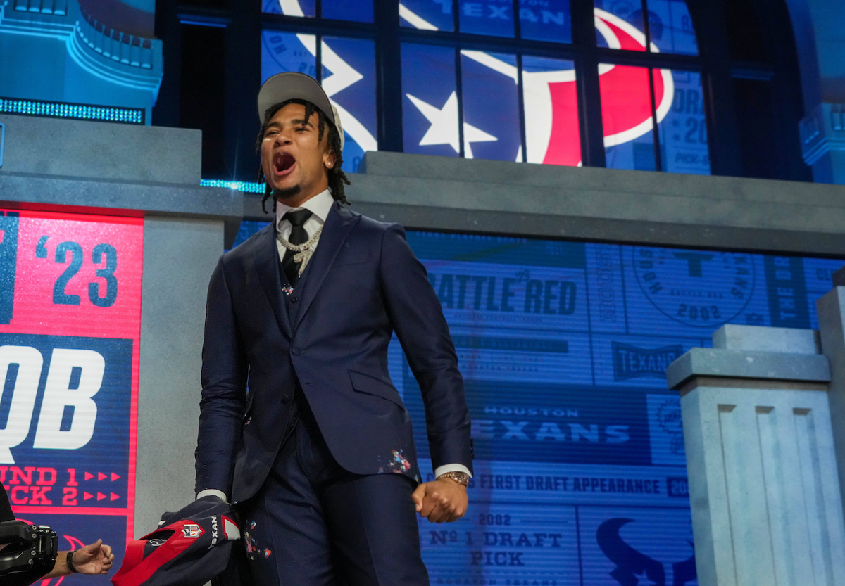 NFL, American Football Herren, USA NFL Draft Apr 27, 2023; Kansas City, MO, USA; Ohio State quarterback C.J. Stroud reacts after being selected by the Houston Texans second overall in the first round  ...