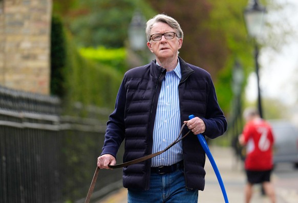 Peter Mandelson is seen outside his home in London, Friday, April 17, 2026. (Jordan Pettitt/PA via AP)
Britain Mandelson Starmer