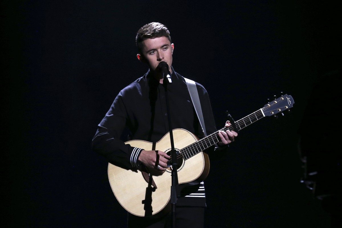 Ryan O'Shaughnessy from Ireland performs the song 'Together' in Lisbon, Portugal, Friday, May 11, 2018 during a dress rehearsal for the Eurovision Song Contest. The Eurovision Song Cont ...