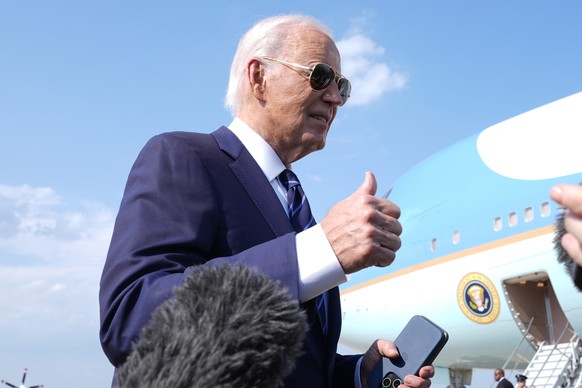 President Joe Biden speaks with reporters at Andrews Air Force Base, Md., Monday, July 15, 2024. as he heads to Las Vegas. (AP Photo/Susan Walsh)
Joe Biden
