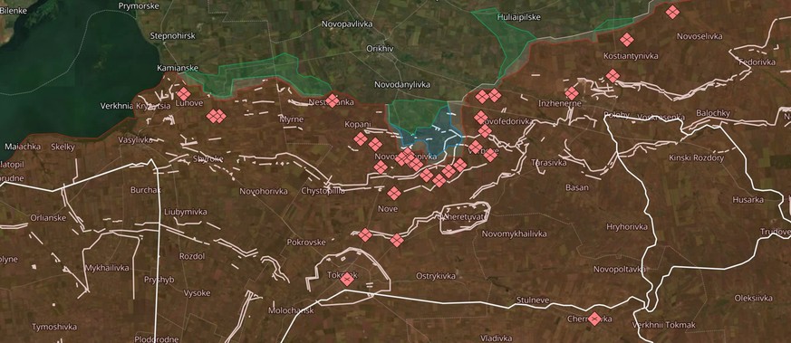 Russische Befestigungsanlagen zwischen Robotyne und Tokmak laut dem OSINT-Projekt Deep State Map.