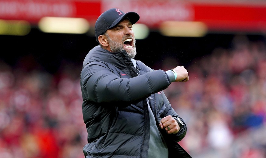 Liverpool&#039;s manager Jurgen Klopp reacts during an English Premier League soccer match between Liverpool and Tottenham Hotspur at Anfield stadium in Liverpool, Sunday, April 30, 2023. (Peter Byrne ...