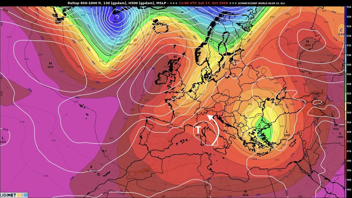 Abb. 2: Ein unscheinbares Tief über dem ligurischen Meer bringt feuchte Mittelmeerluft zu den Alpen; Quelle: MeteoNews