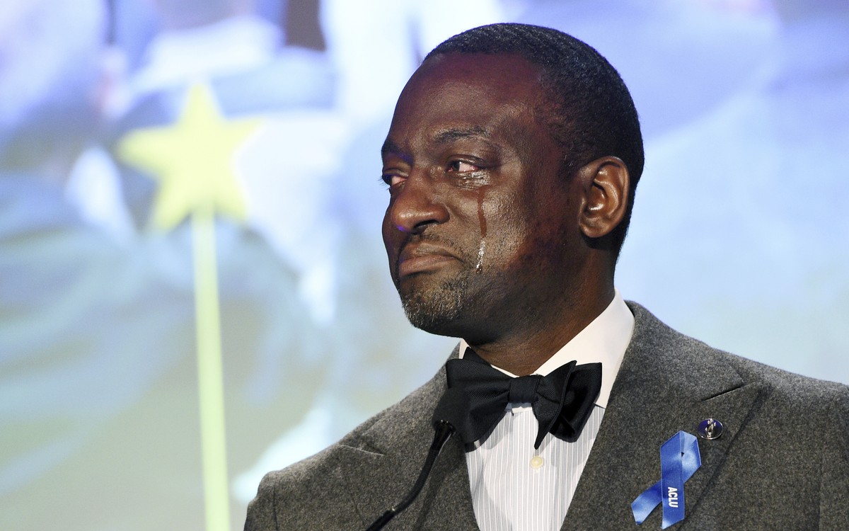 Honoree Yusef Salaam becomes emotional as he addresses the audience at the ACLU SoCal's 25th Annual Luncheon at the JW Marriott at LA Live, Friday, June 7, 2019, in Los Angeles. (Photo by Chris P ...