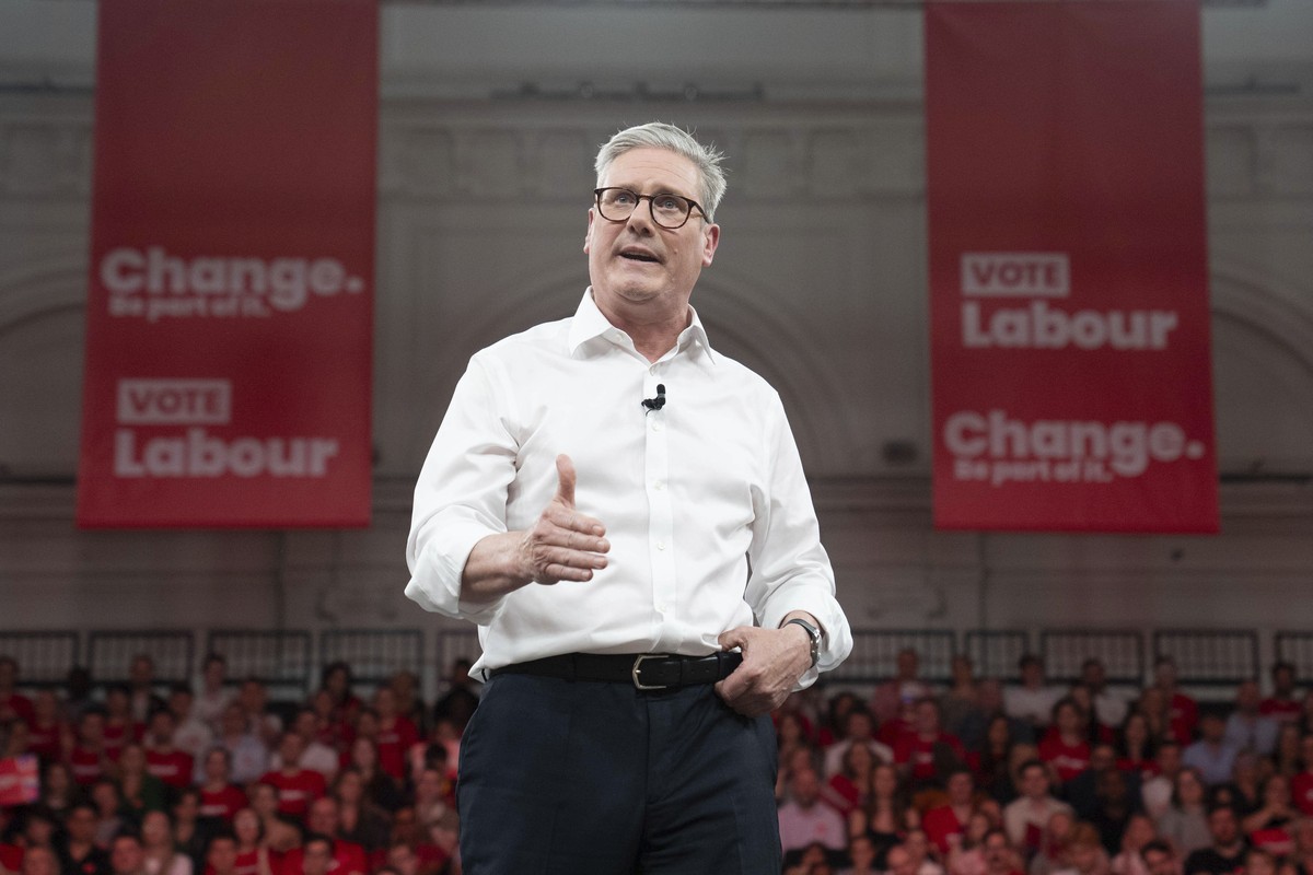 Labour leader Sir Keir Starmer addresses an audience of Labour Party members and supporters during a rally at the Royal Horticultural Halls in central London, during campaigning for the July 4 general ...