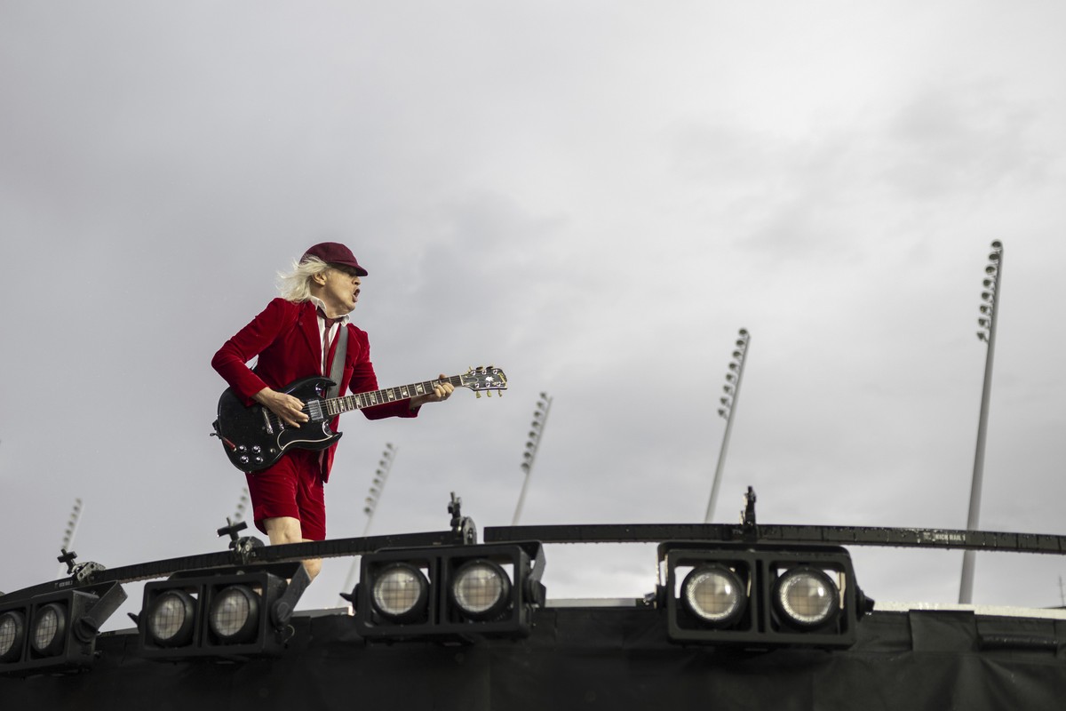 Guitarist Angus Young of hard rock band AC/DC performs on stage during a concert at Letzigrund stadium in Zurich, Switzerland, Saturday, June 29, 2024. (Ennio Leanza/Keystone via AP)